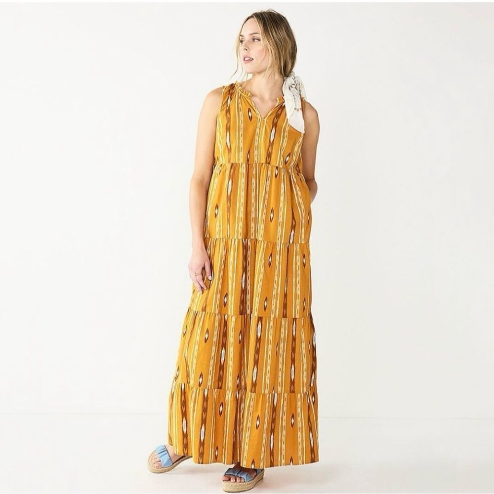Sonoma Ikat Stripe Tiered Sleeveless Maxi Dress Yellow Blue XS Western Boho
